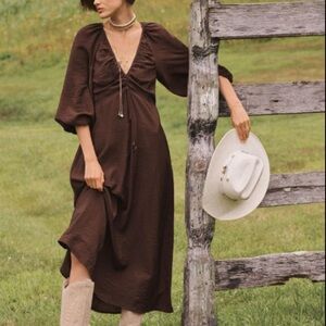 MAEVE DEEP-V RUCHED MIDI DRESS